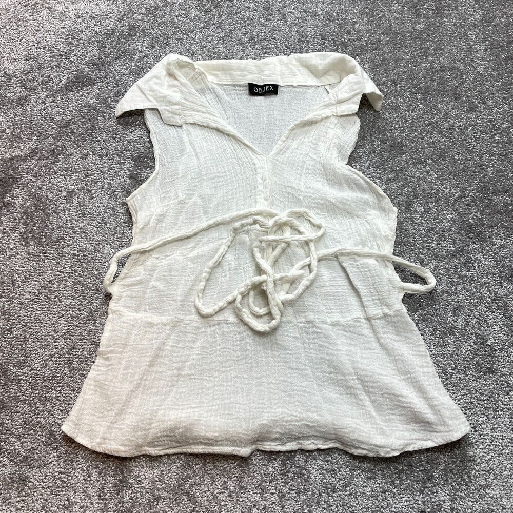 Objex Blouse Top Womens Small White Belted Tie Collared Sleeveless Lightweight
